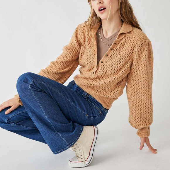 🎉 LAST CHANCE🎉 FREE PEOPLE Care FP Snowdrift Pullover / Camel Heather - Picture 9 of 10